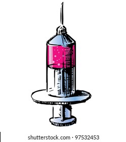 Syringe with color liquid inside. Sketch vector icon isolated on white background
