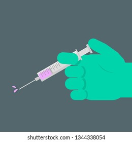 syringe with color liquid in medical laboratory scientist hand; clinical service and pharmaceutical research concept. vector illustration   
