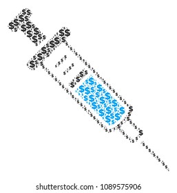 Syringe composition of dollars and round spots. Vector money pictograms are arranged into syringe mosaic.