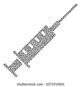 Syringe composition of dots in various sizes and color tones. Small circles are composed into syringe vector collage. Dotted vector illustration.