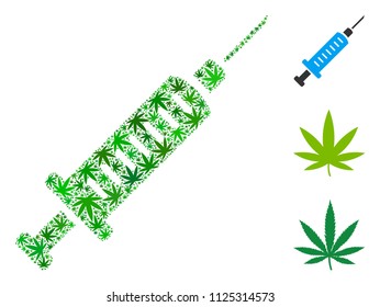 Syringe composition of weed leaves in various sizes and green hues. Vector flat marijuana leaves are combined into syringe figure. Drugs vector illustration.