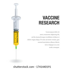 Ilustración vectorial de una jeringa que contiene líquido vacunal. Apto para campañas publicitarias de curación de brotes de virus e investigación de vacunas contra enfermedades infecciosas. Vector realista de una jeringa médica.