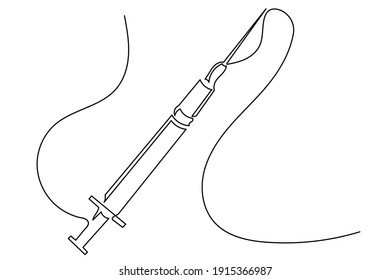 Syringe continuous line drawing. Vaccination concept, treatment, health without virus.