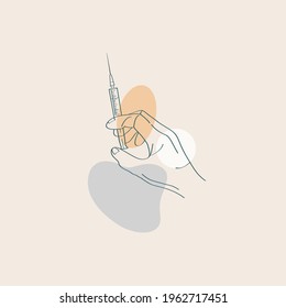 Syringe with a coronavirus vaccine injection, vaccine bottle, line art, medicine, doctor's hand vector illustration