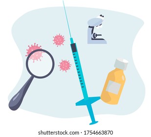 Syringe Coronavirus Vaccine.Concept of Prevention of the Spread of Coronavirus.Syringe, Magnifying Glass Vaccine Injection,Microscope, Virus Background.Flat Vector Illustration