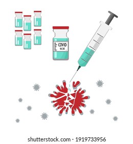 The syringe with the covid vaccine destroys the coronavirus with a needle and drops of medicine against the background of pharmacy vials. Vector illustration for the promotion of vaccination.