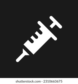 Syringe dark mode glyph ui icon. Regular vaccination and immunization. User interface design. White silhouette symbol on black space. Solid pictogram for web, mobile. Vector isolated illustration