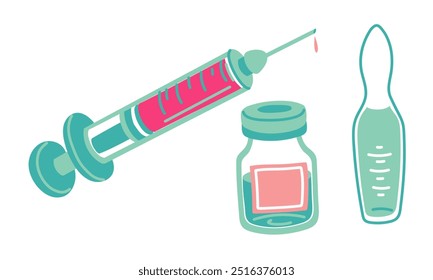 A syringe with different ampoules for injection. A vector flat collection on medical topics. Injection items in pink and blue colors. Creative illustration design, abstract idea for infographics