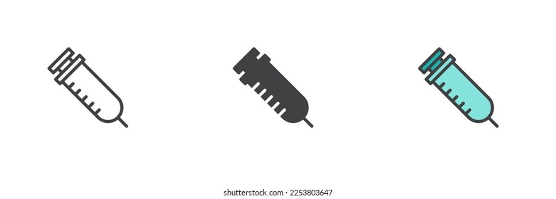 Conjunto de iconos de estilos diferentes de la jeringa. Línea, glifo y contorno relleno versión colorida, contorno y signo vectorial relleno. Símbolo de la vacuna, ilustración del logo. Gráficos vectoriales