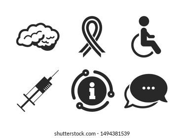 Syringe, disabled, brain and ribbon signs. Chat, info sign. Medicine icons. Breast cancer awareness symbol. Handicapped invalid. Classic style speech bubble icon. Vector