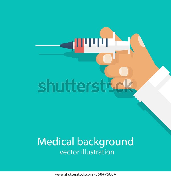 医者の手の注射器 インフルエンザの予防接種 注射器 医療のコンセプト ベクターイラストフラットスタイルデザイン 医療の背景 治療ポスターの予防接種 のベクター画像素材 ロイヤリティフリー