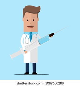 Syringe in doctor hands. Ambulance doctor. Flu shot vaccination.  Medicine healthcare concept. Vector illustration