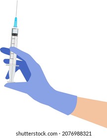 La jeringa está en la mano del médico. Una jeringa para inyección. Una mano engullida sujeta una jeringa. El concepto de salud en la medicina.
