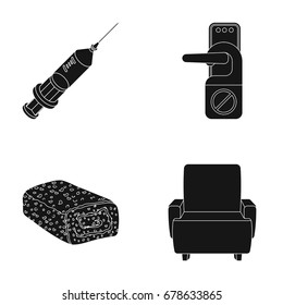 Syringe, door handle and other web icon in black style. chocolate roll, armchair icons in set collection.