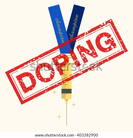 Syringe with doping in the form of gold medal. Doping red stamp. 