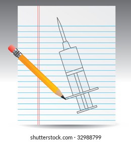 syringe drawn on notebook paper with pencil
