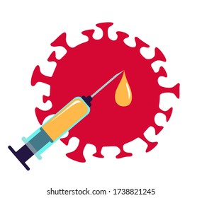 Syringe and drop of anti covid-19 virus vaccine. Big coronavirus on background. Vector concept for vaccination, immunization. 