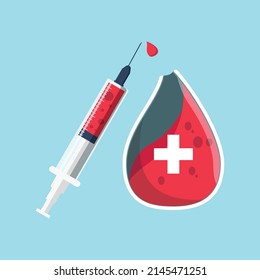 Syringe And A Drop Of Blood For Patient. World Health Day. Colored Flat Graphic Vector Illustration.