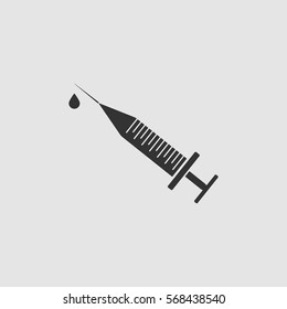 Syringe and drop icon flat. Black pictogram on grey background. Vector illustration symbol