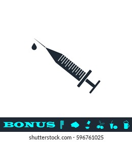 Syringe and drop icon flat. Black pictogram on white background. Vector illustration symbol and bonus button