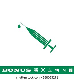 Syringe and drop icon flat. Green pictogram on white background. Vector illustration symbol and bonus button