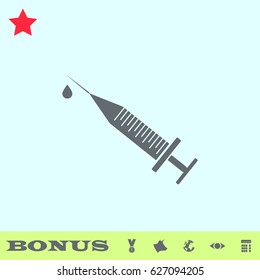 Syringe and drop icon flat. Grey pictogram on blue background. Vector illustration symbol and bonus buttons medal, cow, earth, eye, calculator