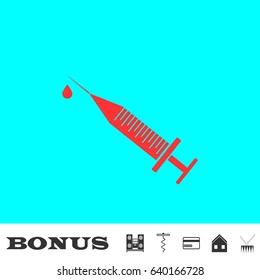 Syringe and drop icon flat. Red pictogram on blue background. Vector illustration symbol and bonus buttons Music center, corkscrew, credit card, house, drum