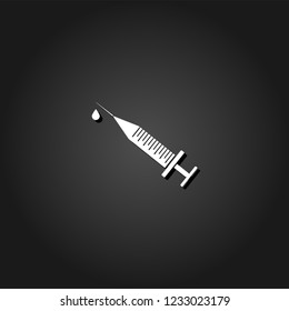 Syringe and drop icon flat. Simple White pictogram on black background with shadow. Vector illustration symbol