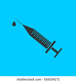Syringe and drop icon flat. Simple vector black pictogram on blue background