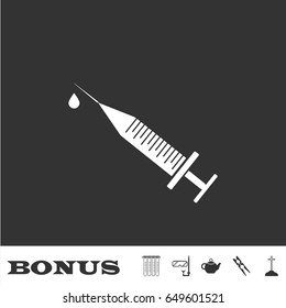 Syringe and drop icon flat. White pictogram on black background. Vector illustration symbol and bonus icons