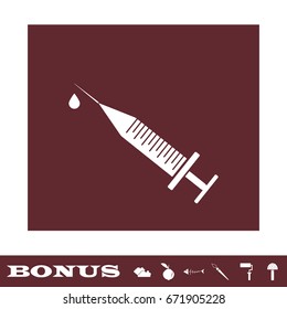Syringe and drop icon flat. White pictogram on brown background. Vector illustration symbol and bonus icons