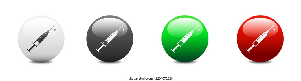 Syringe with drop on a round glossy button, and a shadow under it. Flat vector illustration.