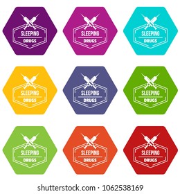 Syringe drug icons 9 set coloful isolated on white for web
