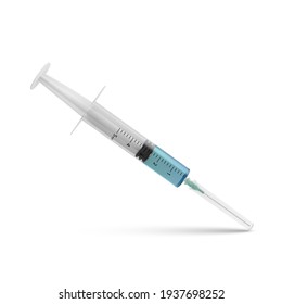 Syringe with drug. Realistic syringe with vaccine injection. Laboratory research. Vector