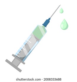 Syringe with drug vector isolated. Concept of medicine or bad addiction. Vaccination tool, disease treatment. Vaccine injection through the needle. Medical sterile tool.