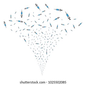 Syringe explosion fountain. Vector illustration style is flat iconic symbols. Object fountain created from random symbols as syringe fireworks.