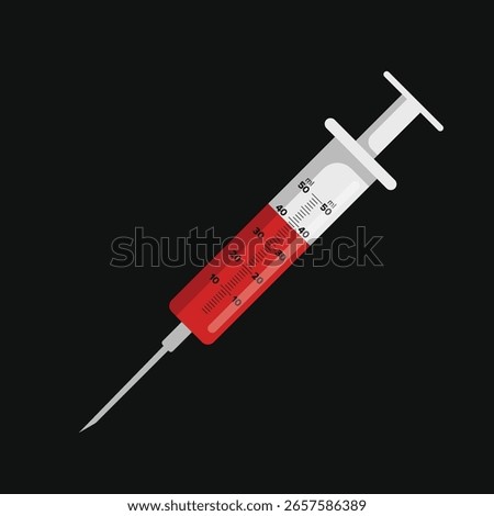 Syringe filled with red blood flat vector illustration on black background