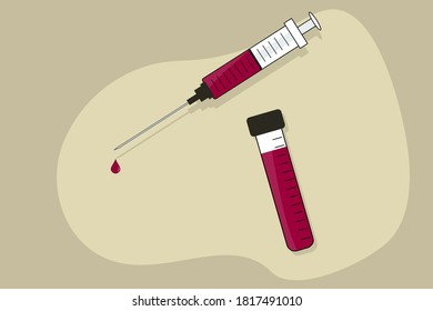 La jeringa está llena de líquido rojo. Se extrajo un tubo de ensayo con sangre del paciente con una jeringa. Análisis de sangre. Control de salud. Ilustración del vector
