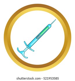 Syringe, filled with a transparent liquid vector icon in golden circle, cartoon style isolated on white background