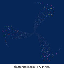 Syringe fireworks swirl rotation. Vector illustration style is flat bright multicolored iconic symbols on a blue background. Object spiral made from random pictographs.