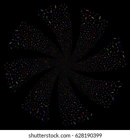 Syringe fireworks swirl rotation. Vector illustration style is flat bright multicolored iconic symbols on a black background. Object whirlpool combined from random design elements.