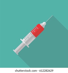 Syringe flat icon with long shadow isolated on blue background. Medical devices in flat style, vector illustration.