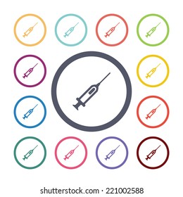 syringe flat icons set. Open round colorful buttons. Vector 