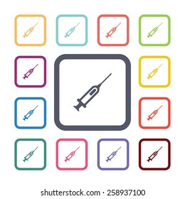 syringe flat icons set. Open round colorful buttons. Vector 