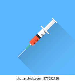 Syringe in flat style. Syringe on a blue background with long shadow. Syringe icon. Flat design. Vector. Flu vaccine. Vaccine