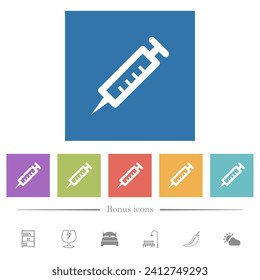 Syringe flat white icons in square backgrounds. 6 bonus icons included.