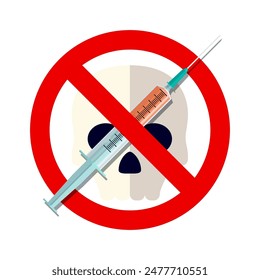 syringe with forbidden sign - no drugs with skull. Vector illustration in flat style