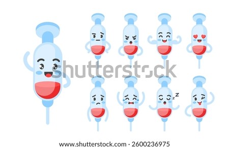 Syringe funny character set of poses and emotions, mascot symbol of medicine, treatment, vaccination