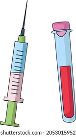 Syringe with glass bottle vector icon flat insulated. A set of equipment for taking tests. Medical items, syringe, flask.