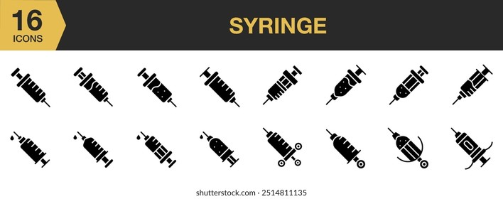 Conjunto de ícones de Glifo de Seringa. Inclui ícones de seringa e muito mais. Coleção vetorial de ícones sólidos.